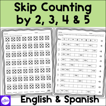 Preview of Skip Counting by 2, 3, 4, and 5 Worksheets Bundle in English & Spanish