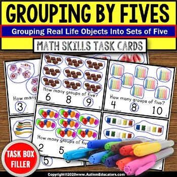 Preview of Skip Counting by 5s | Grouping by 5 Objects TASK CARDS | Task Box Filler
