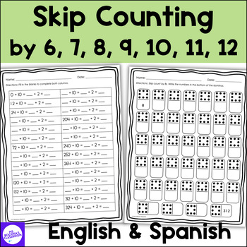 Preview of Skip Counting by 6, 7, 8, 9, 10, 11, 12 Worksheets Bundle in English & Spanish