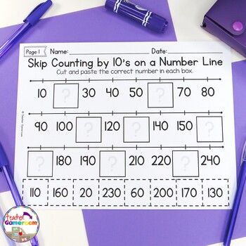 skip counting on a number line by 10s worksheets by teacher gameroom