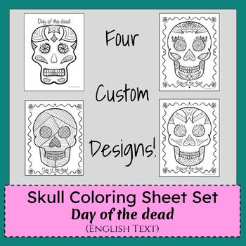 Preview of Skull Coloring Sheet Set of 4 Day of the Dead English Version