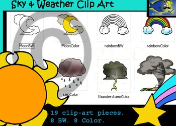 Preview of Sky & Weather Clip-Art Set: 8 B&W, 8 Color