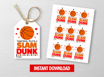 Preview of Slam Dunk Valentine Card, Basketball Gift Tags, School Exchange Ideas
