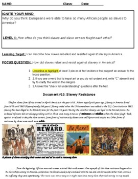 Preview of Slavery Rebellion and Resistance Text and Questions