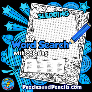 Preview of Sledding Word Search Puzzle Activity Page with Coloring | Winter | Seasons