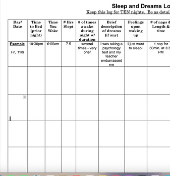 Preview of Sleep Log- Consciousness- High School Psychology