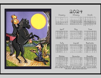 Preview of Sleepy Hollow Inspired Gray 2024 Calendar Fabric Font Days Months Year Printable