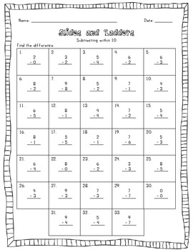 Slides and Ladders Common Core Math Folder Game Subtract to 10 w I Can ...