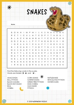 Preview of Slithering Serpents: Snake Word Search Puzzle Worksheet Activity