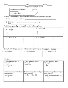 Preview of Slope Intercept Form Guided Notes