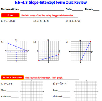 Preview of Slope-Intercept Form Quiz Review and Quiz