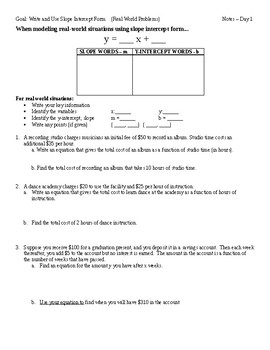Preview of Slope Intercept Form - Word Problems - Scaffolded Guided Notes (3 days)