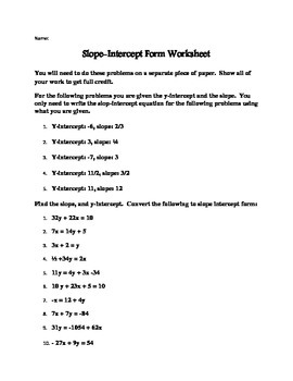 Preview of Slope-Intercept Form Worksheet