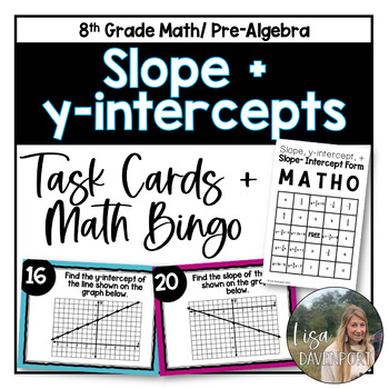 Preview of Slope and y intercepts Task Cards and Math Bingo Game for 8th Grade Math