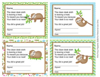 Sloth Clean Desk Awards By Pink Posy Paperie Teachers Pay Teachers
