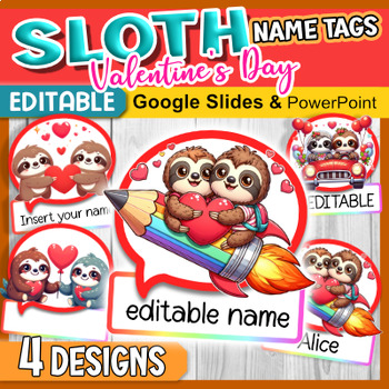 Preview of Sloth Name Tags Editable | Valentine's Day Name Tags | Cubby Tags, Locker Tags