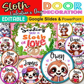 Preview of Sloth Valentine's Day Door Decoration | Name Tags | February Door Decor EDITABLE
