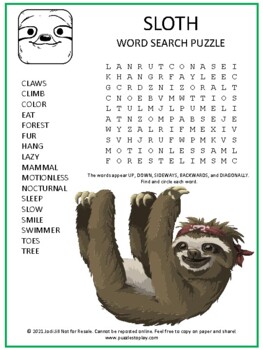 Sloth Word Search Puzzle Activity Worksheet Game No Prep Animal Fun