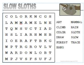 Sloth Word Searches by Art Kids TPT
