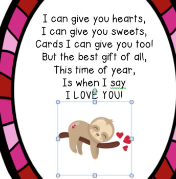 Sloth themed Valentine's Day cards and original poems for parents