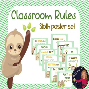 Preview of Sloth themed class rules poster set back to school classroom organization