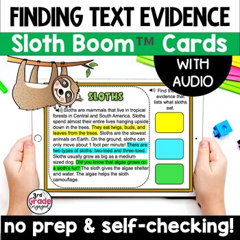Preview of Sloths Finding Citing Text Evidence Reading Boom Cards Task Cards with Audio