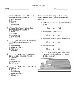 Slow and Fast Earth Changes Assessment by Teacher In Progress Resources