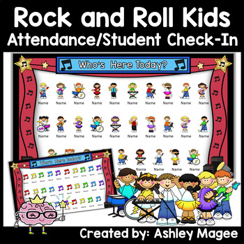 Preview of Attendance Student Check-In Rock and Roll Kids Theme Interactive PowerPoint