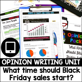 Preview of Opinion Writing Unit | Analyze Two Texts on the Same Topic | Black Friday Unit