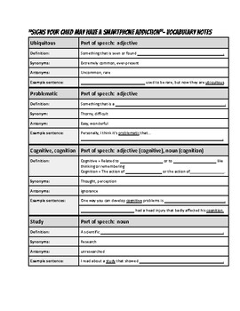 Preview of Smartphone Addiction - Guided Vocabulary Notes - Student & Teacher Version - ESL