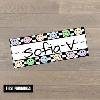 Preview of Smile Nametag Printable Retro Checkered Student Name Desk Tag Label Pastel Color