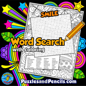Preview of Smile Word Search Puzzle Activity Page with Coloring | World Smile Day