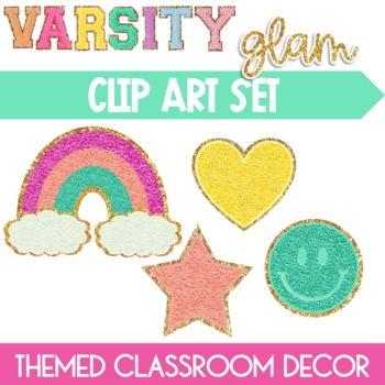 Preview of Smiley Face Patches Clip Art Varsity Glam Rainbow Heart Star