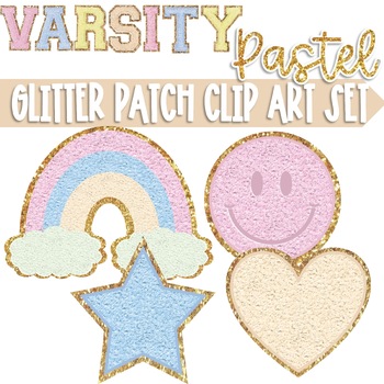 Preview of Smiley Face Patches Clip Art Varsity Pastel Rainbow Heart Star