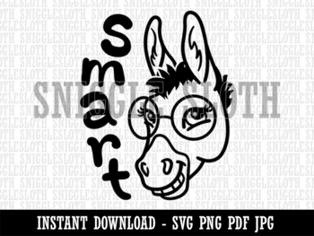 Smiling Smart Donkey with Glasses B&W Clipart Digital Download SVG PNG JPG