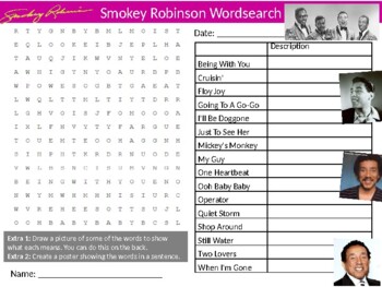 Smokey Robinson Wordsearch Puzzle Sheet Keywords Music Musician Famous