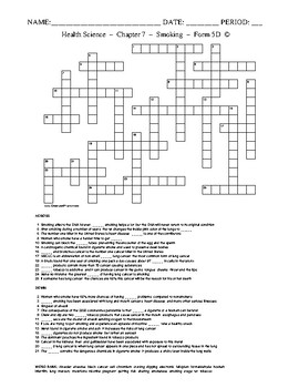 Preview of Smoking -HS Health Science and PE-Crossword with Word Bank Worksheet - Form 5