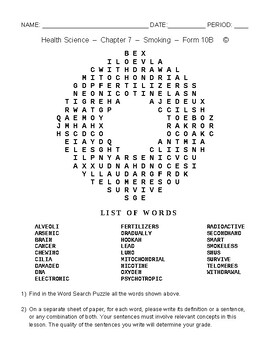 Preview of Smoking - HS and MS Health Science and PE - Word Search Worksheet - Form 10