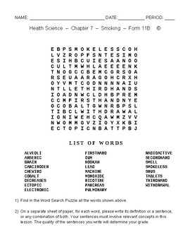 Preview of Smoking - HS and MS Health Science and PE - Word Search Worksheet - Form 11