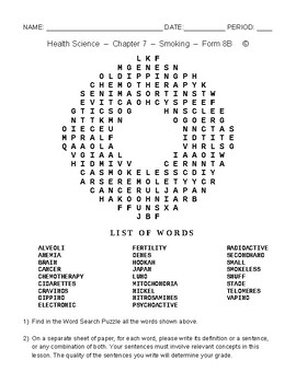 Preview of Smoking - HS and MS Health Science and PE - Word Search Worksheet - Form 8