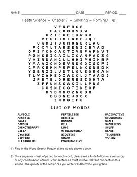 Preview of Smoking - HS and MS Health Science and PE - Word Search Worksheet - Form 9
