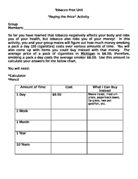 smoking prevention paying the price worksheet group activity tpt