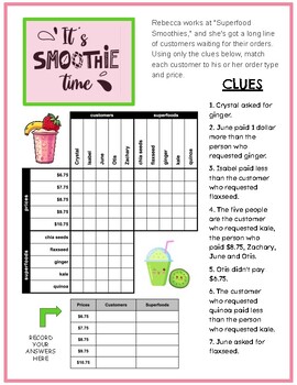 Preview of Smoothie Time!  Food/Drink Critical Thinking Logic Puzzle, Zentangle to Color