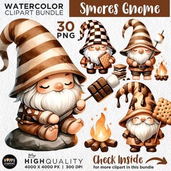 Preview of Smores Gnomes Clipart Bundle, 30 Cute Watercolor Smore's Gnome PNG files