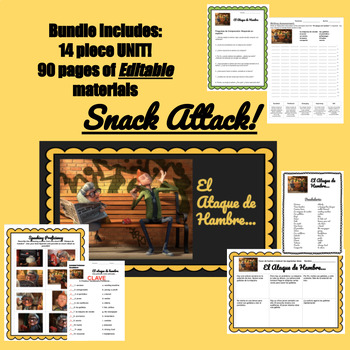 Preview of Snack Attack/El ataque de hambre short film editable 15 pc movie unit bundle!!