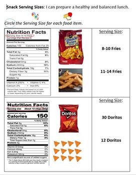Preview of Snack Serving Size Worksheet and Three File Folder Activities
