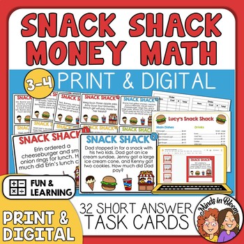 Preview of Word Problems Snack Shack Money Math Task Cards Fun & Real World Learning