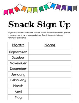 Snack sign up sheet (by month) by Molly Bielawski TPT