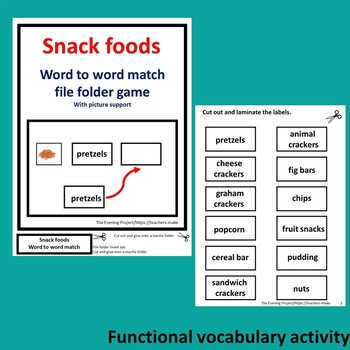 Snack vocabulary word to word match file folder game for Special Education