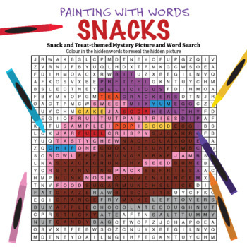 Preview of Snacks Reading and Writing Vocabulary Word Search Mystery Picture to Color